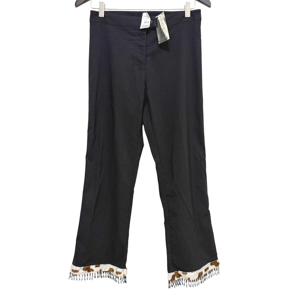 NEW Vintage Y2K XOXO Cropped Black Pants Sz 7 Cow Print Beaded Fringe Western